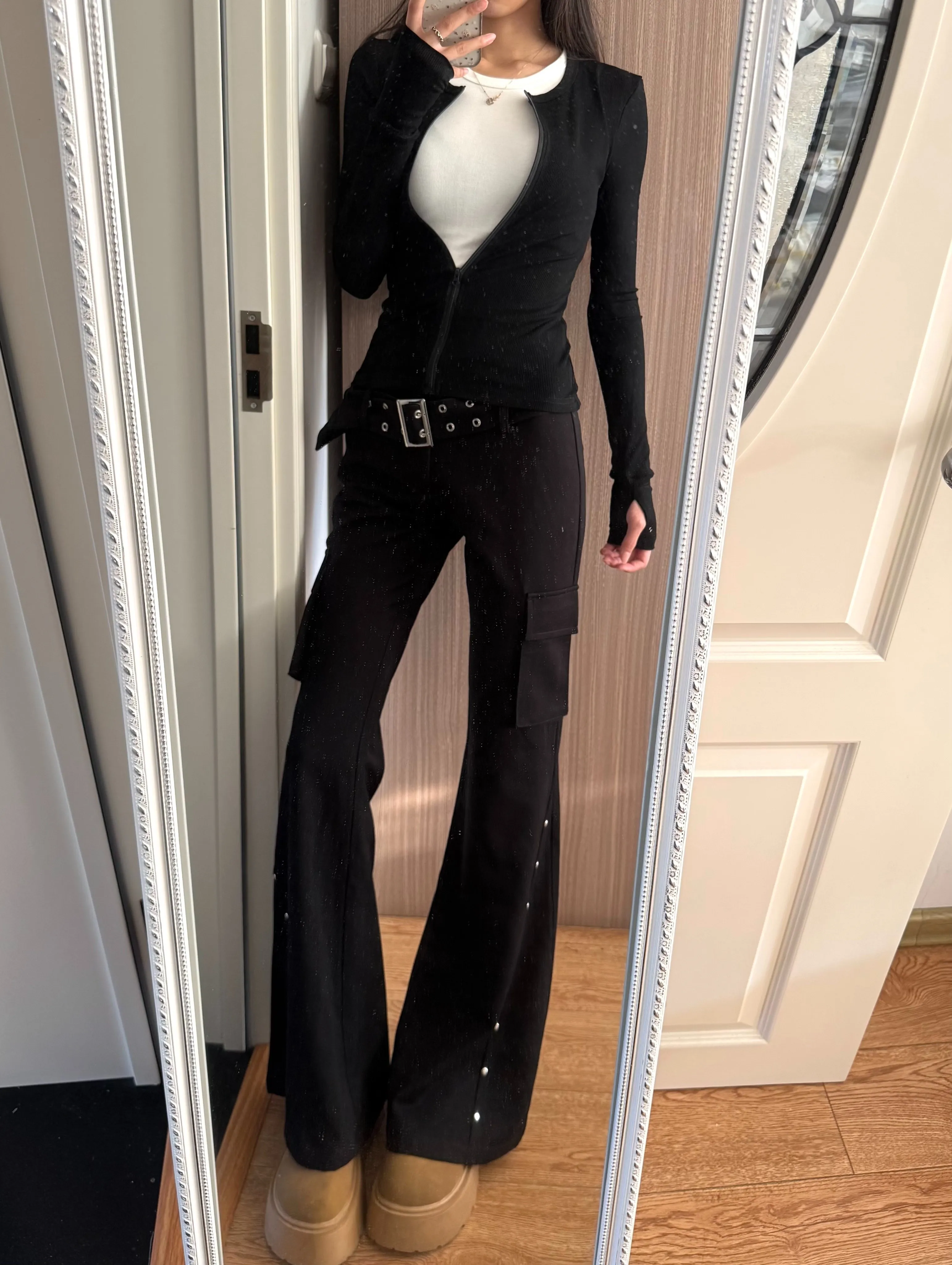 Jean évasé pour femmes, Design rétro américain à rivets noirs avec ceinture, taille basse, pantalon en Denim Y2k Harajuku, Streetwear gothique, bas de cloche