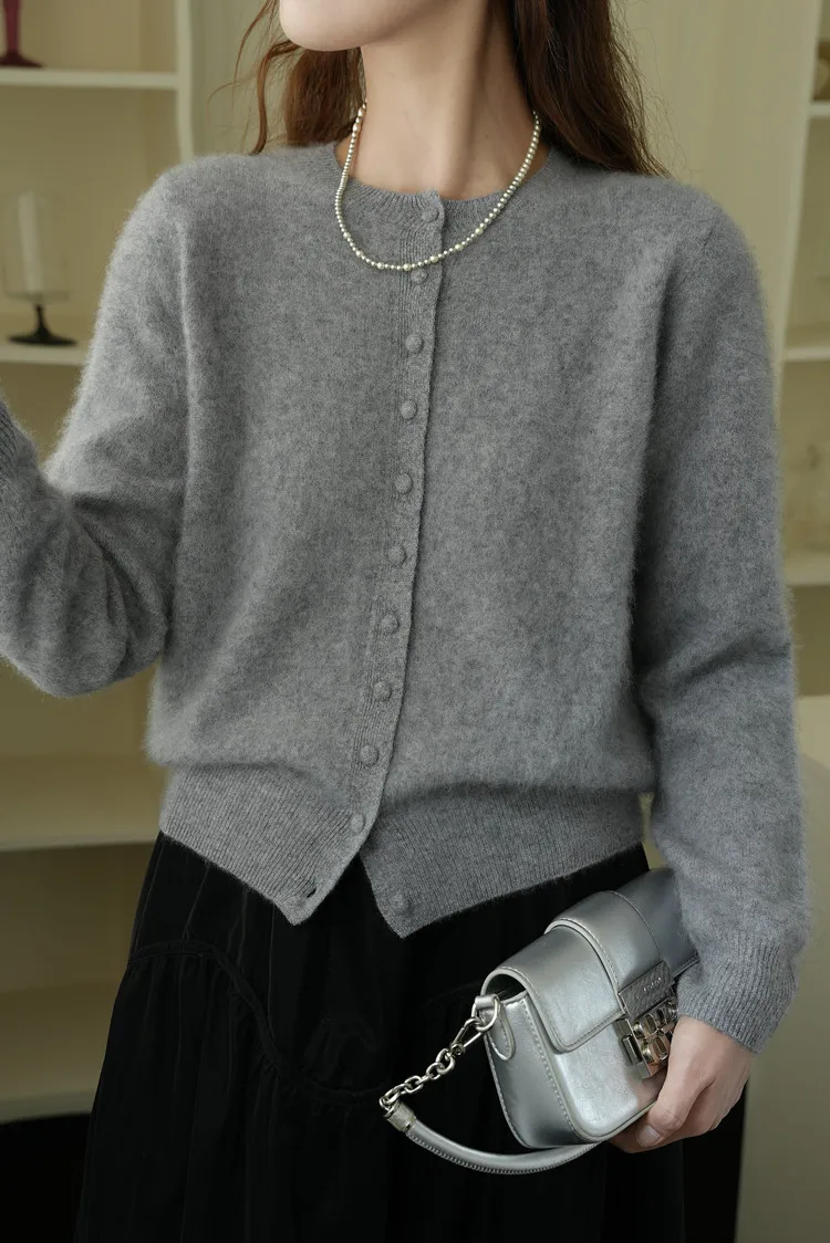 

Fashion Autumn Winter Women Brushed Sweater 100% Merino Wool Sweater Cardigan Warm Clothes O-Neck Solid Long Sleeve Fleece Knit