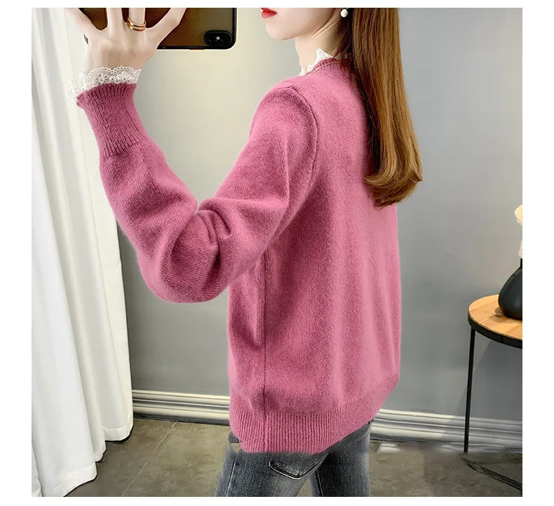 New Half High Neck Sweater Fashion Women\'s Pullover Elegant Lace Edge Autumn Winter Bottoming Top Warm Pull Femme Knitwears