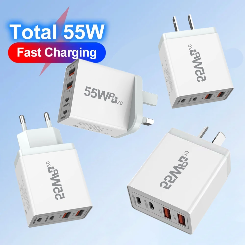 

4 Port 55W USB C Fast Charger Station PD QC3.0 Wall Adapter Data Cable For iPhone Samsung Xiaomi Huawei EU US UK Plug Travel
