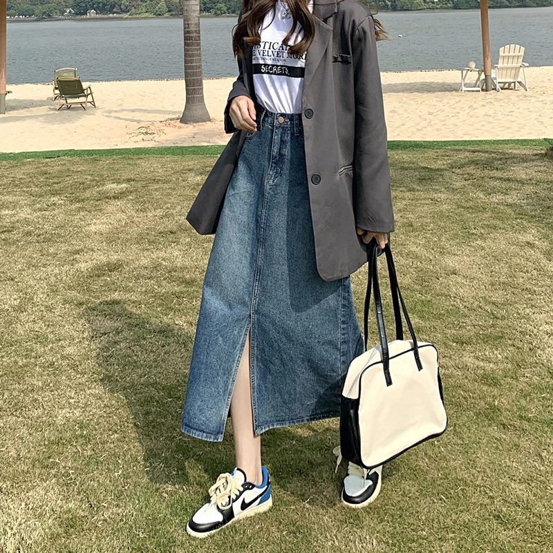 Cintura alta a linha midi denim saia para mulheres plus size coreano sle primavera outono temporada cor comute amigável