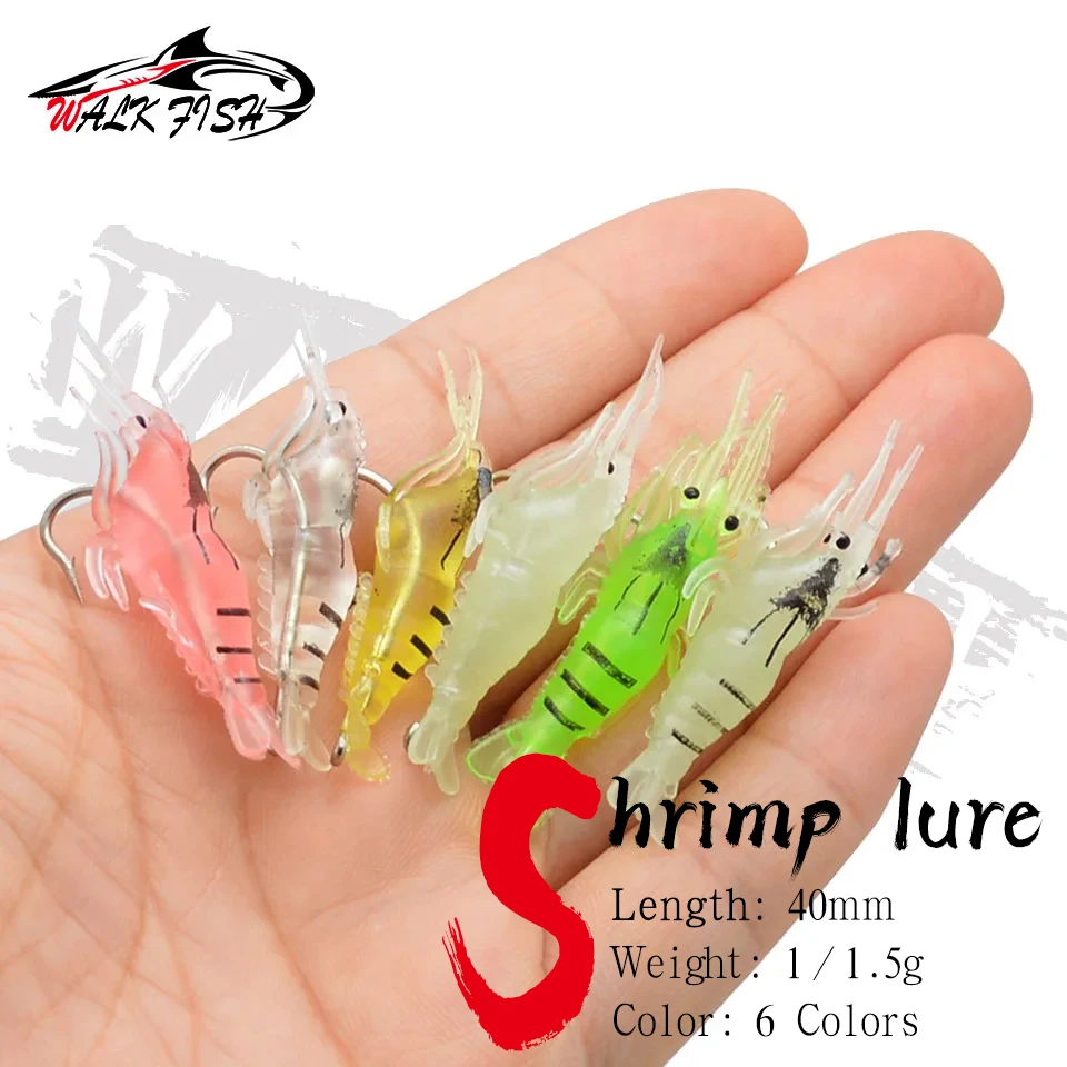 WALK FISH 6PCS 4cm Soft Shrimp Lure Artificial Worm Hook Sharp Crankbait Lures Silicone Shone Prawn Bait Pesca For Fishing Bait