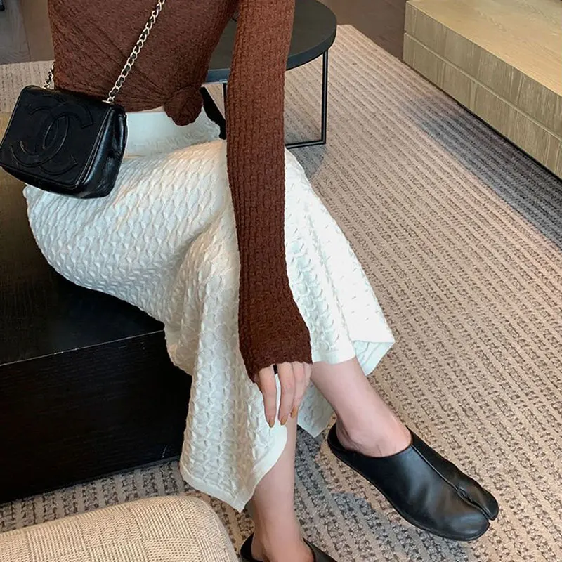 Black Green Cream Solid Bag Hip Knit Skirt Women High Waist Bubble Texture Autumn Winter Straight Midi Length Stretch Long Skirt