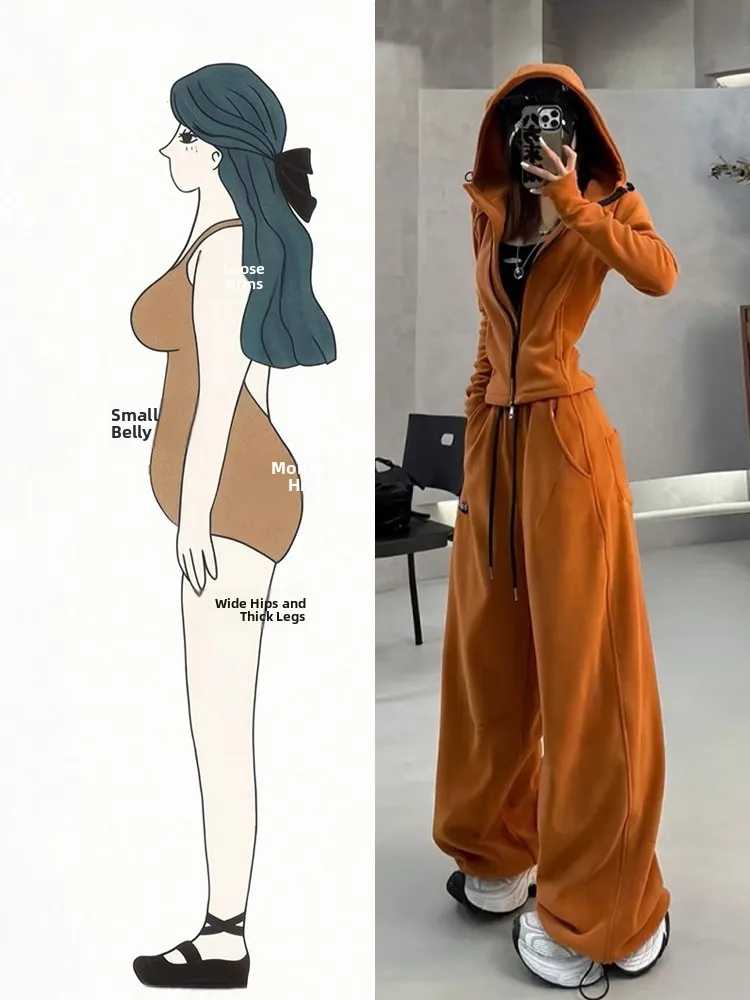 

Orange Hoodie And Wide Leg Pants Set Women's Sporty Style Casual Outfit Autumn Winter New Arrival Comfortable High Waist Trou...