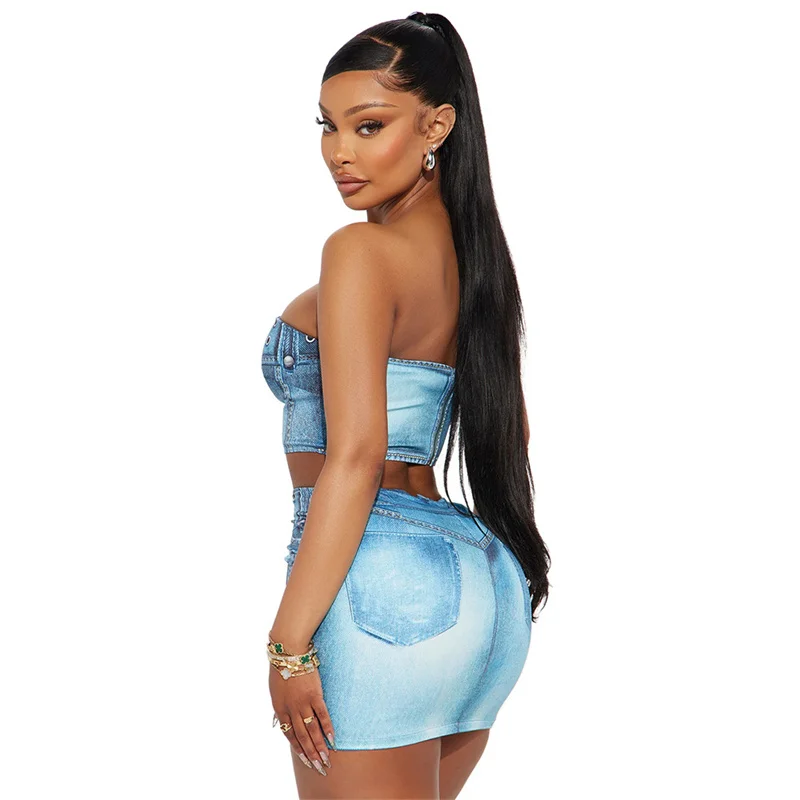 Skinny Faux Denim 3D Print Two Piece Sets Women Strapless Stretchy Slim Tank Crop Top and Mini Skirts Sexy Party Club Outfits