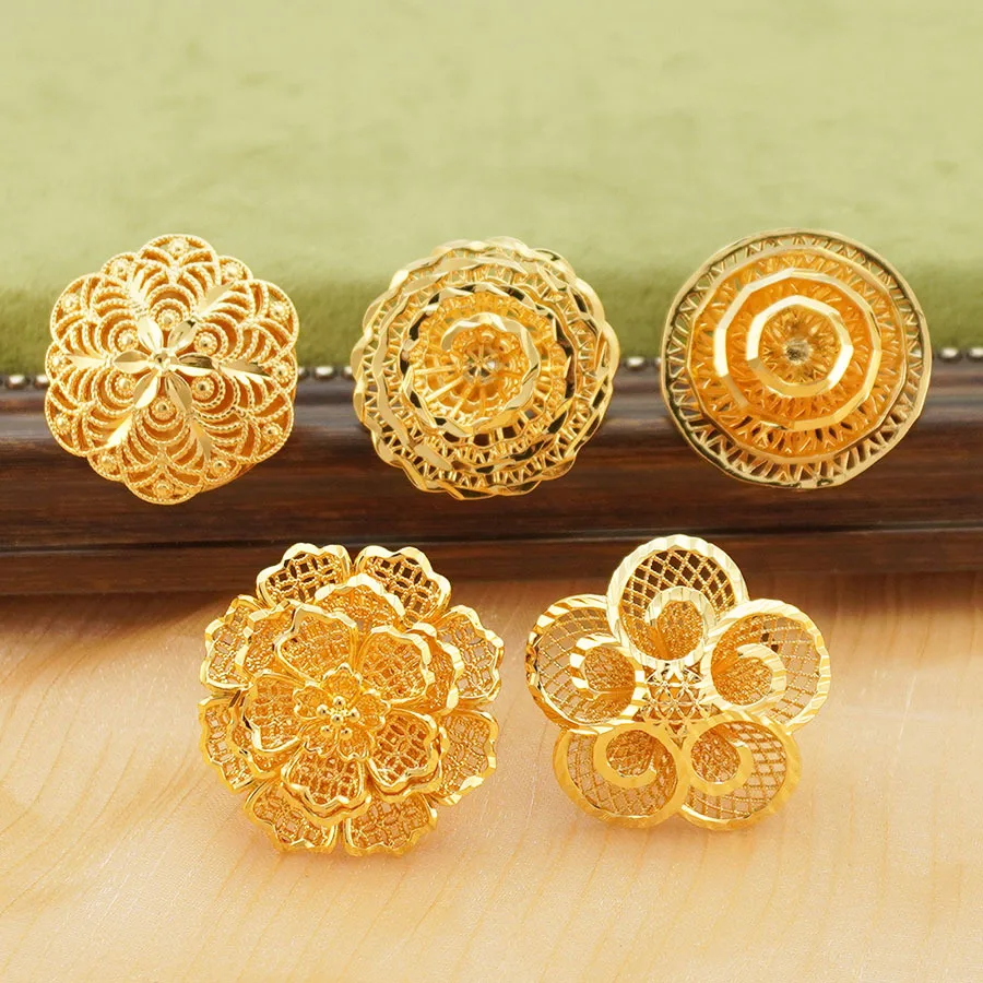 Anillo de Oro 9999 con Diseño Floral Calado y Grueso, Ajustable, para Mujer, Estilo Medio Oriente, Ideal para Bodas, Fiestas y Eventos