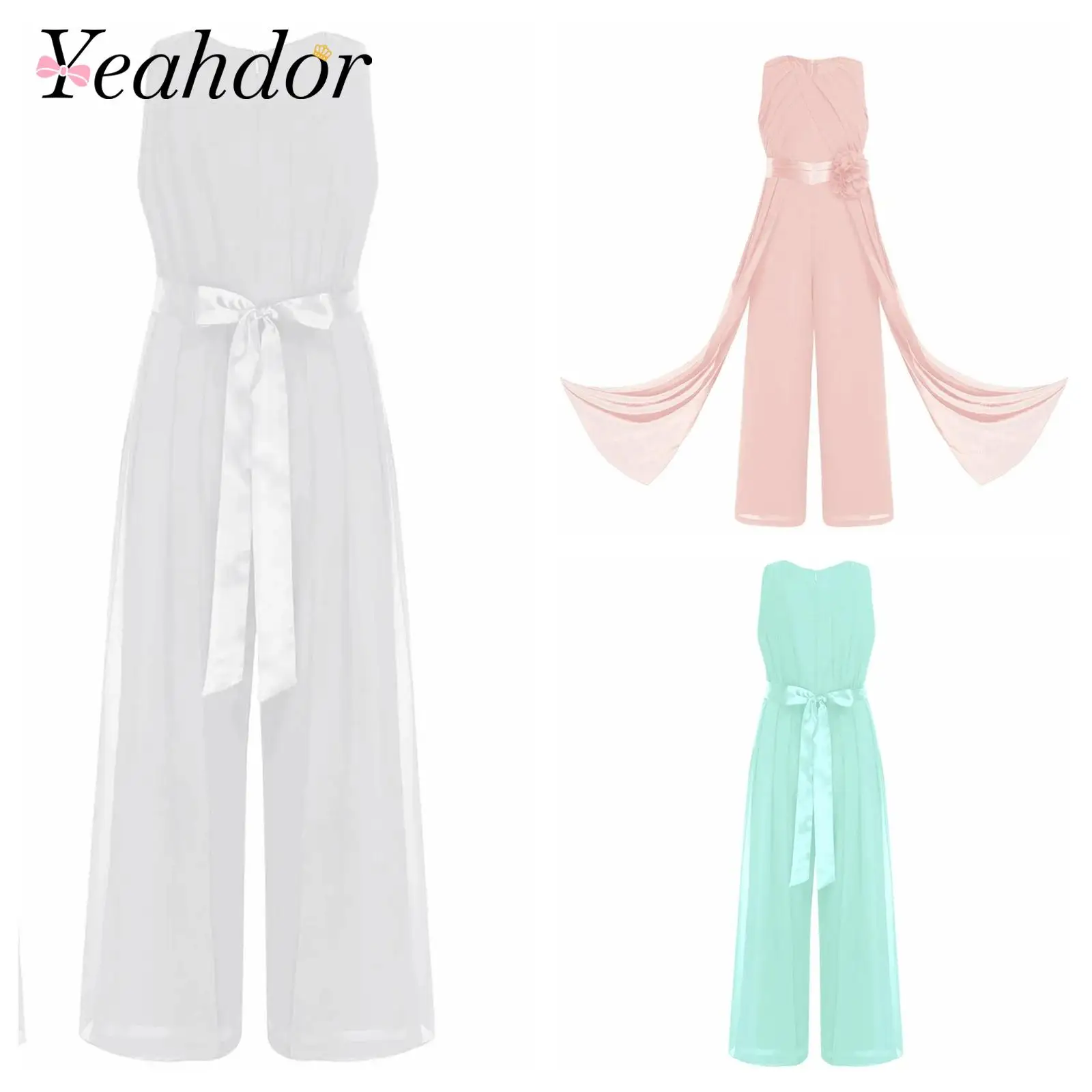 Chiffon Jumpsuits for Kids Girls Sleeveless Ruffled Romper Jumpsuit High Waist Banquet Birthday Gift Wedding Party Clothes