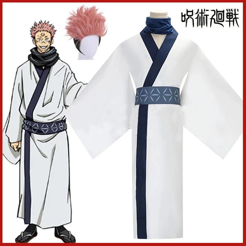 Anime Jujutsu Kaisen Ryomen Sukuna Cosplay disfraz peluca Japón blanco Kimono peluca trajes Hanfu hombres mujeres conjunto de ropa