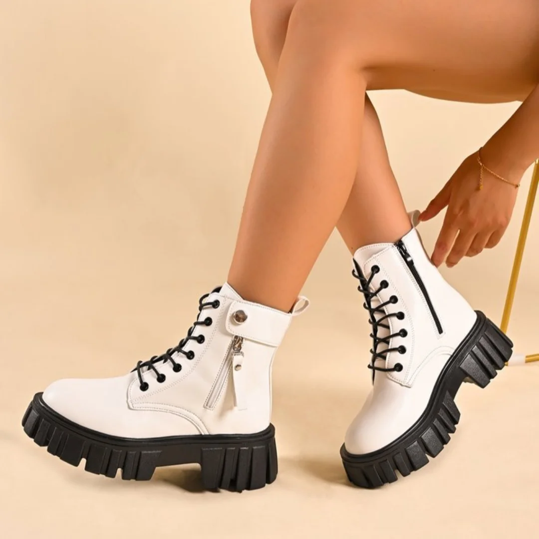 

New autumn women's ankle boots autumn and winter thick-soled zipper women's punk boots thick-soled lace-up combat short boots