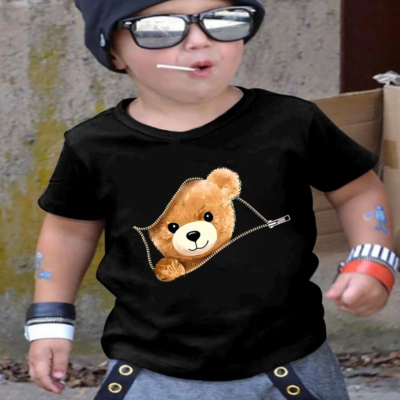 

New Boys' and Girls' T-shirts, Cartoon Zipper Teddy Bear Printed Sweatshirts, Children's Round-neck Short-sleeved Tops