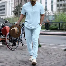 Pulôver masculino com gola listrada, camisa casual, calça de manga curta, confortável terno de praia havaiano, nova moda, 2024