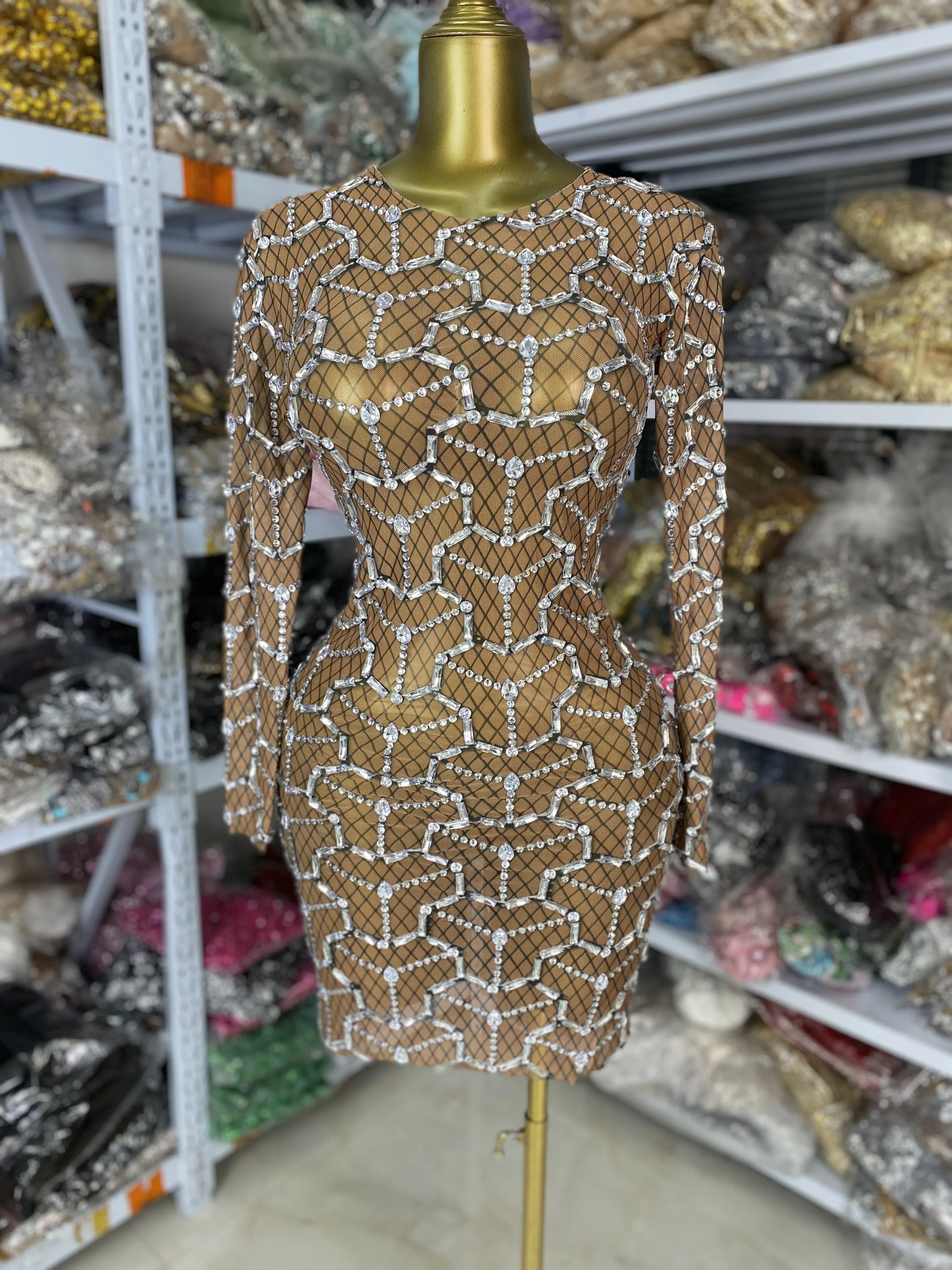 Women Luxury Printed Shiny Rhinestones Brown Mesh Long Sleeve O-Neck Bodycon Mini Celebrity Evening Club Party Dress Costumes