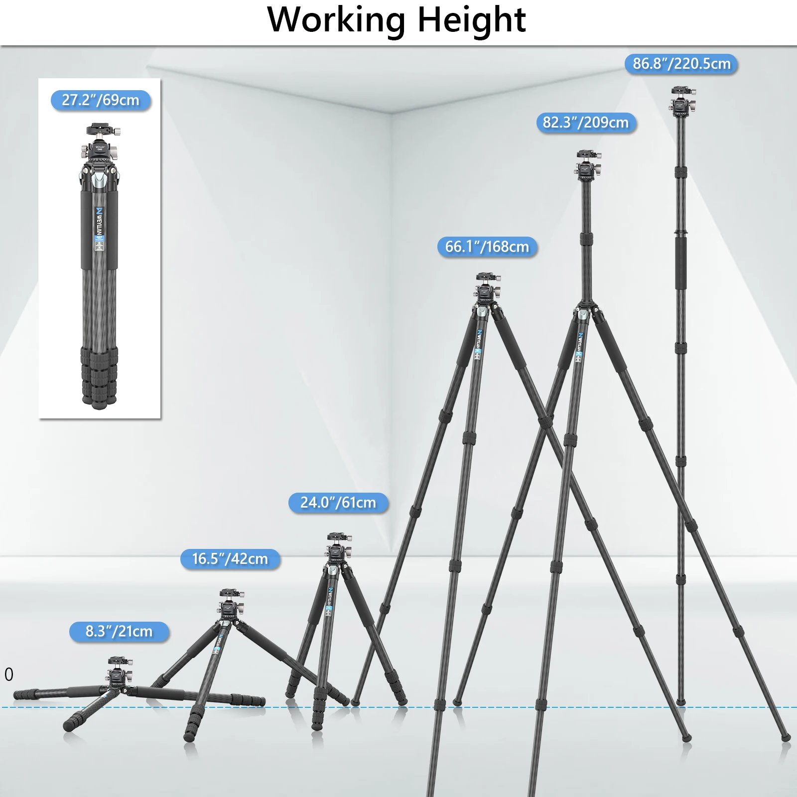 CS80C Professional Carbon Fiber Tripod for DSLR Camera Heavy Duty 32.5mm 10 Layers Tube Ultra Compact 206cm Max Luxury Quality