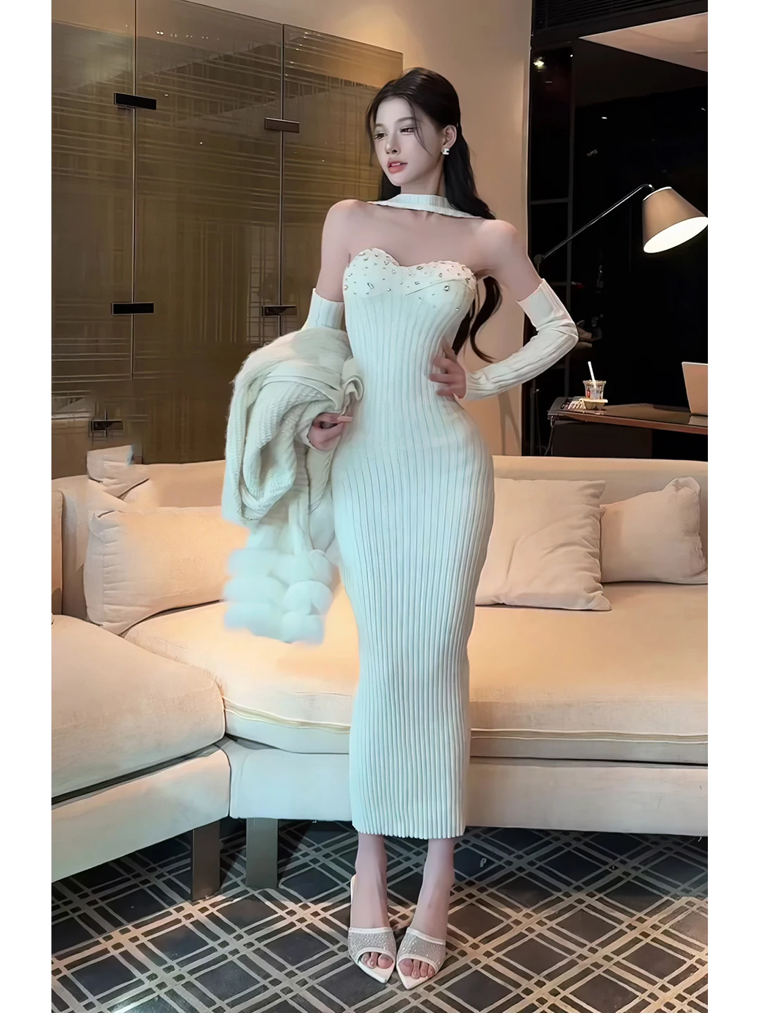 

Retro High Waist Knitted Dr with Diamond Embelliment Long Sve Bicolor Sexy Long Dr for Casual Outdoor Travel Use