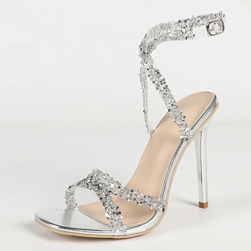 Liyke Elegant Woman Wedding Party Shoes Summer Fashion Sequined PVC Cross Strap Sandals Women Silver High Heels Sandalias Mujer