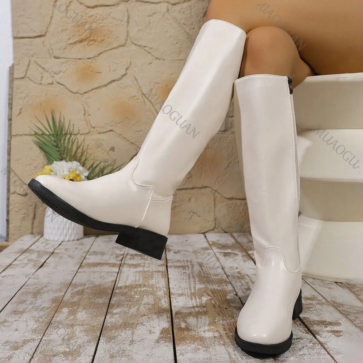 Runde Zehen-Ritterstiefel 2025, Herbst, dicker Absatz, lange kniehohe Stiefel für Damen, weiches Leder, seitlicher Reißverschluss, lässige Botas-Damenschuhe