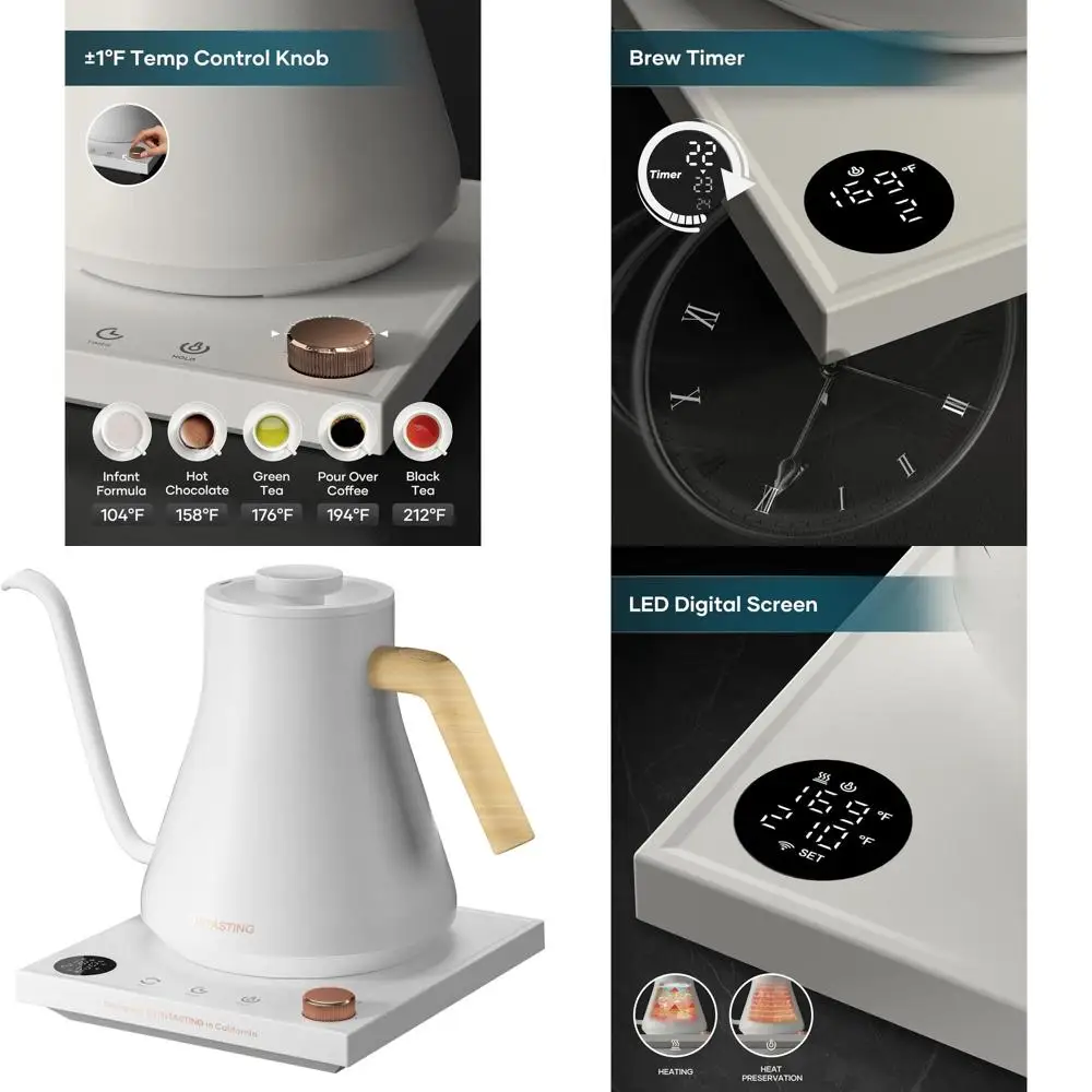 

0.9L Precision Temp Gooseneck Kettle, Stainless Steel, Fast Heating for Coffee, Tea & Hot Water