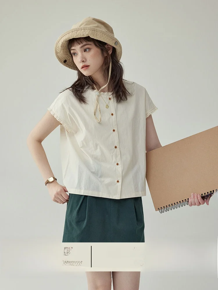 

Slimming Effect Vintage round Neck Shirt with Wood Grain Simple Design Summer Top for Young Women Cotton Blend Material