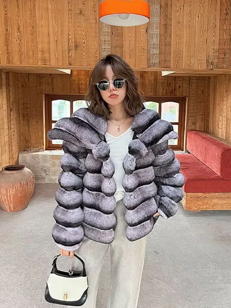 ZADORIN Luxury Winter Jackets for Women Chinchilla Color Fluffy Warm Faux Rabbit Fur Coat Turn Down Collar Short Faux Fur Jacket