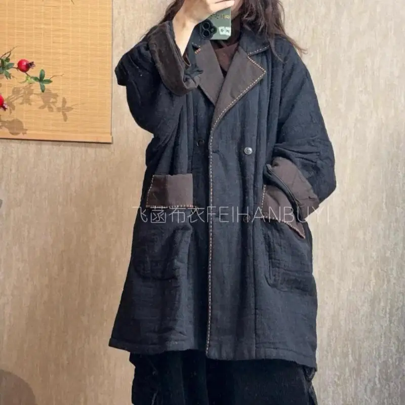 

Autumn Winter Arts Style Women Single Breasted Loose Long Coat High Quality Thicken Warm Double Pockets Vintage Padded Jacket