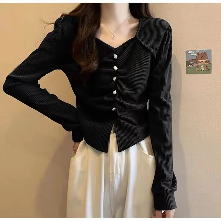 Pleated Button Irregular T-Shirt 2024 Autumn Button New Korean Version V-Neck Solid Color Long-Sleeved Top Slim Bottoming Shirt