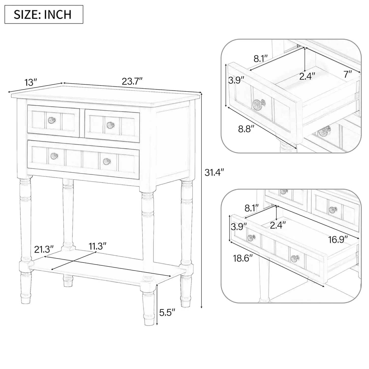 Slim Antique Entry Console Table with 3 Drawers & Bottom Open Shelf, Solid Wood Narrow Sofa Couch Table for, Customized