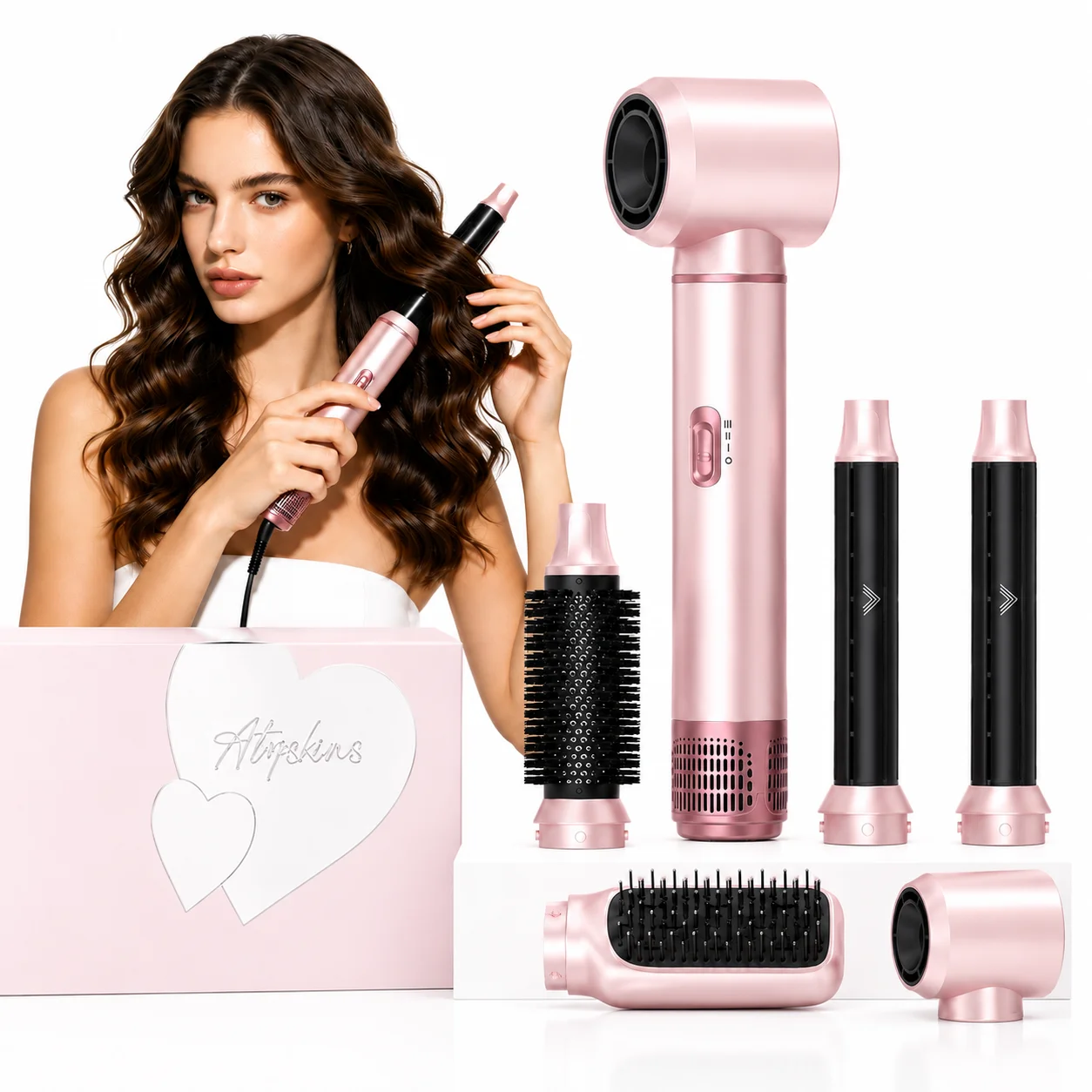 ATOPSKINS Pink 5-in-1 Hair Dryer - Multifunctional Curling Comb - Automatic Hot Air Styling and Curling