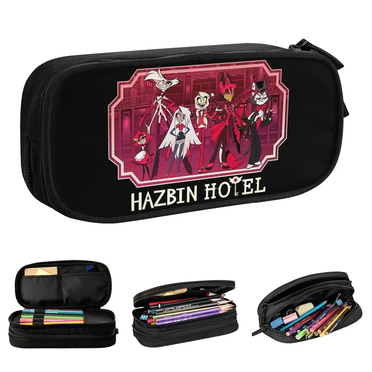 

Fashion Hazbin Hotels Adventures Pencil Cases Vintage Logo Pencilcases Pen Box Capacity Bag School Supplies Cosmetic Stationery