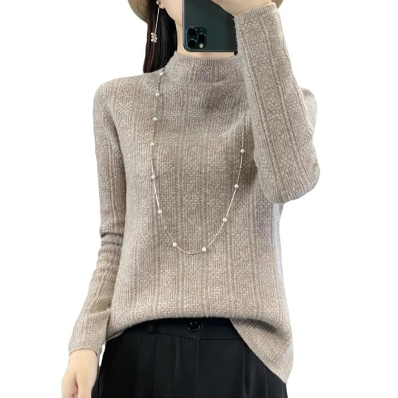 

Classic Jacquard pattern Pullover Women Knitting Wool blend Sweater Half Height Neck Long sleeves Slimming style Warm Tops