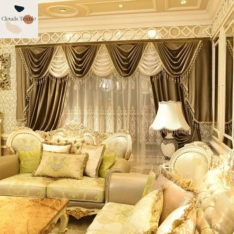 Luxury Palace Simple European-style Curtains for Living Room Velvet Valance Villa Window Curtain Bedroom White Tulle Customize