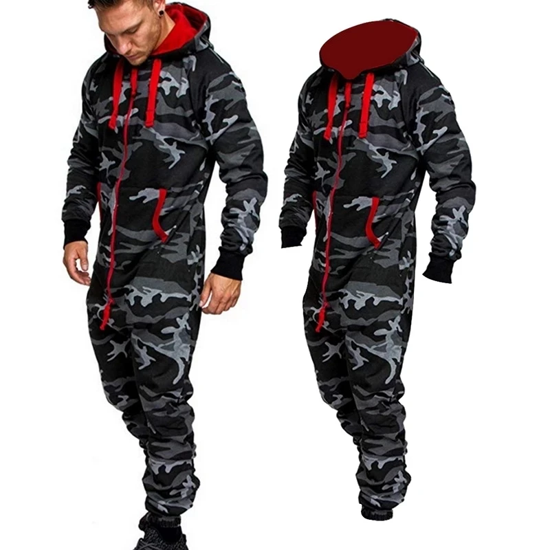 2022 Men\'s  Jumpsuit Hooded Plush Jumpsuit Home Clothing Camouflage Printing Personalized Leisure Suit