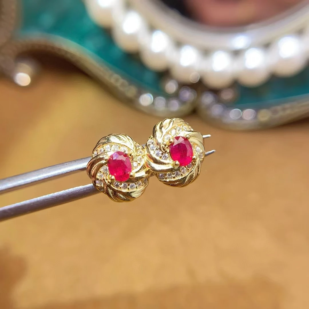 New Design Silver Gemstone Stud Earrings 5mm*4mm Natural Ruby Jewelry 925 Silver Gemstone Earrings with Thick Gold Plating