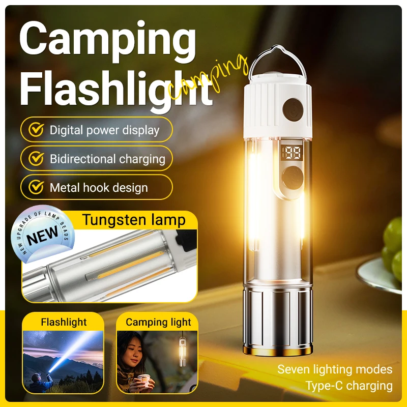 YEMAO F906X Rechargeable Flashlight Camping Lantern - Magnetic Base, Dual White/Warm Light, Long-Range LED Tent Lamp For Outdoor