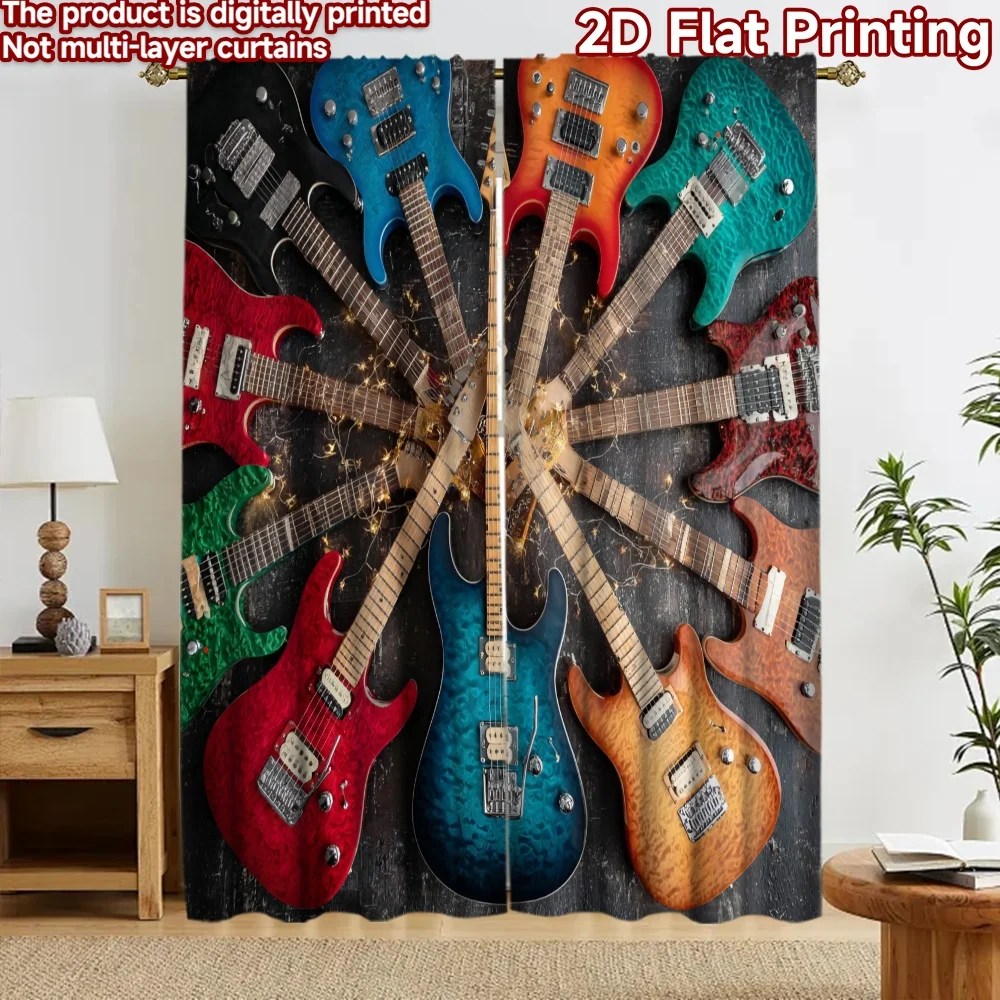2D flat 2pcs Curtain Modern Minimalist Style Curtains Colorful Guitars Durable polyester fiber Birthday Party for Entryway Room