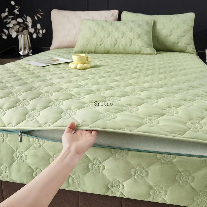 SRETNO New Mattress Protector Covers Detachable Zipper Style 6-Sided Fully Wrapped Polyester Fitted Sheet with 2 Pillowcases