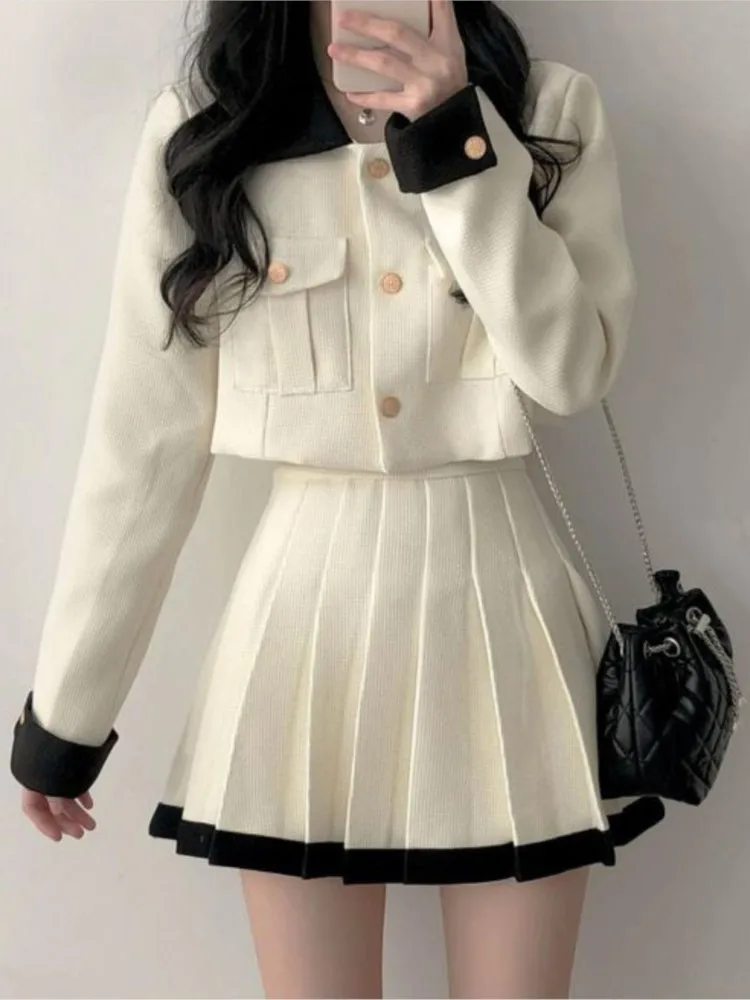 Elegant Women Skirts Suit Vintage Single Bresated Jackets Pleated Mini Skirts Two Pieces Set Korean Fashion Female Chic Clothes