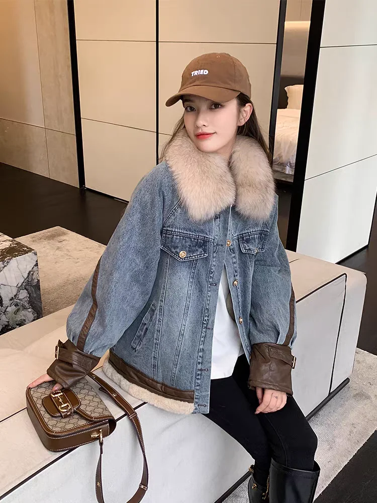 

Джинсовые пальто для женщин, большие меховые плюшевые женские осенние облегающие пальто для милых девушек, социальная сборка, против морщин, пуговицы, украшенные лоскутным шитьем