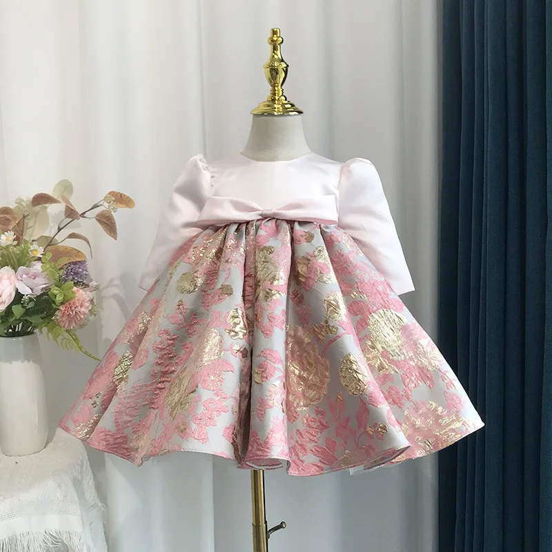 Vestido de fiesta de princesa de satén con estampado bonito para niños, vestido de fiesta de cumpleaños de manga larga con lazo a la moda para niñas y1423