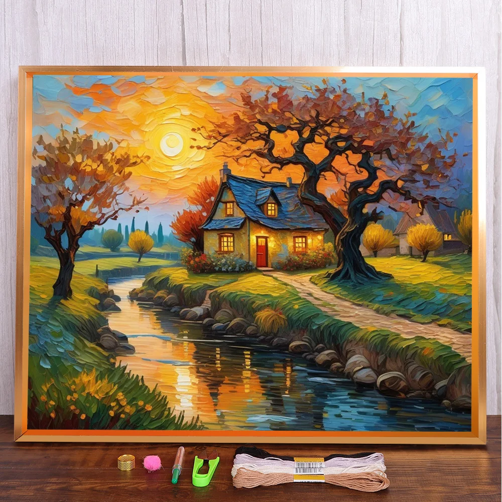 Landscape Sunsine River Printed Canvas Cross Stitch DIY Embroidery Patterns Knitting Hobby Craft Handicraft Gift Package Floss