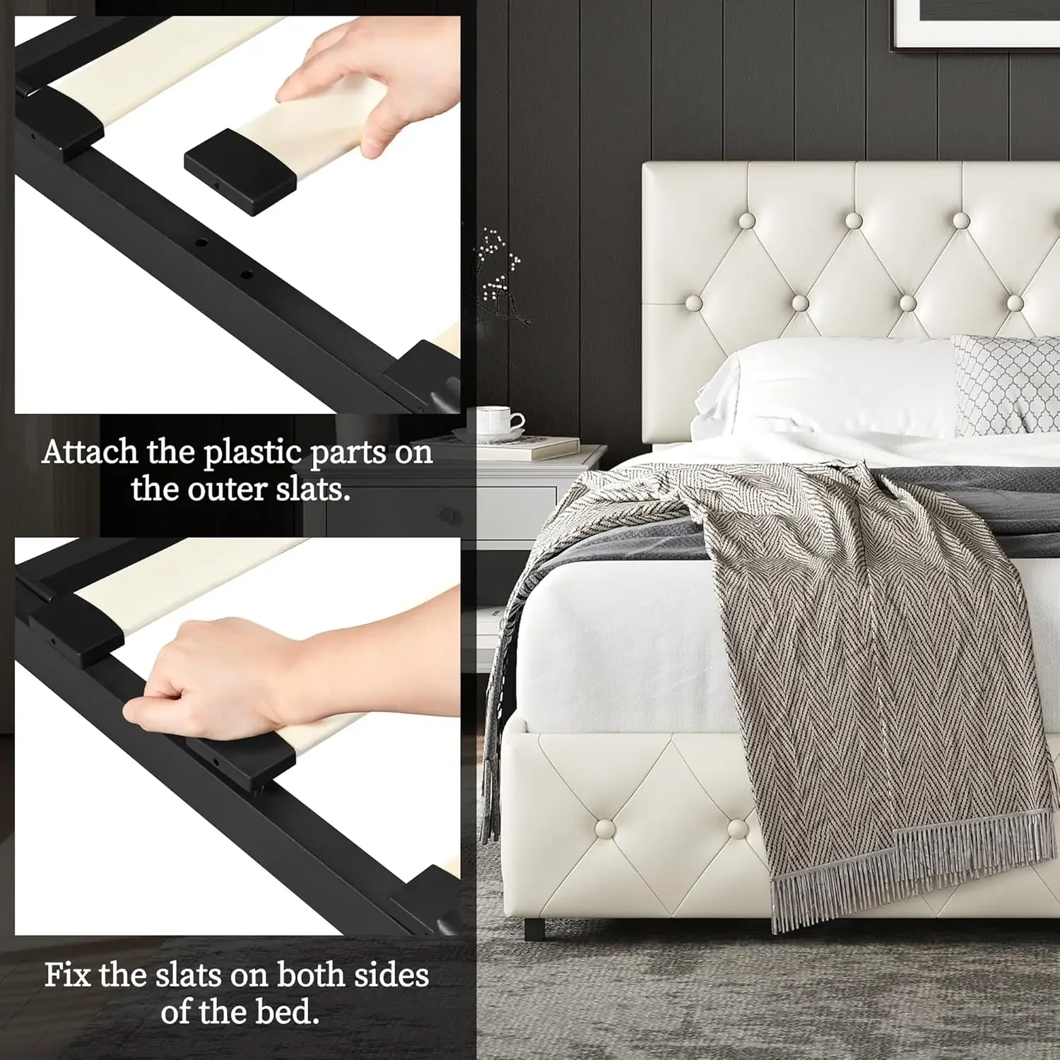 Queen bed frame with adjustable diamond button cluster headboard/3 drawer storage space, beige queen bed