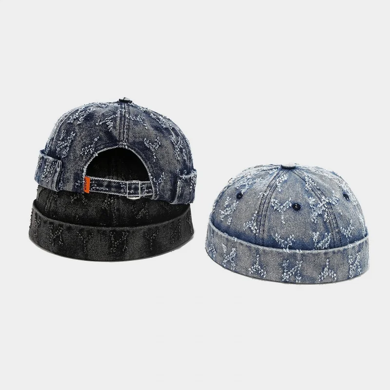 Vintage Washed Distressed Denim Letter Docker Cap Unisex Street Yuppie Hip Hop Landlord Hat