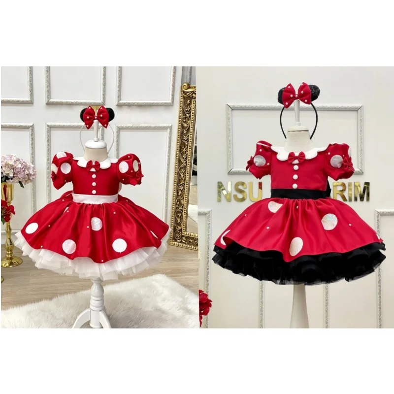 Summer Baby Girl Red Satin Lolita Princess Dress With Headband Toddler 1st Birthday Party Photography Costume Eid Christmas B663