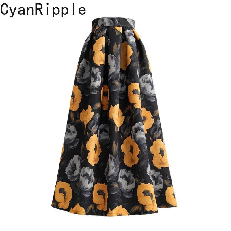 New Autumn Winter Vintage Flowers Printing Ultra Long Women A-line Skirt Elegant High Waist Big Bottoms Female Umbrella Skirts