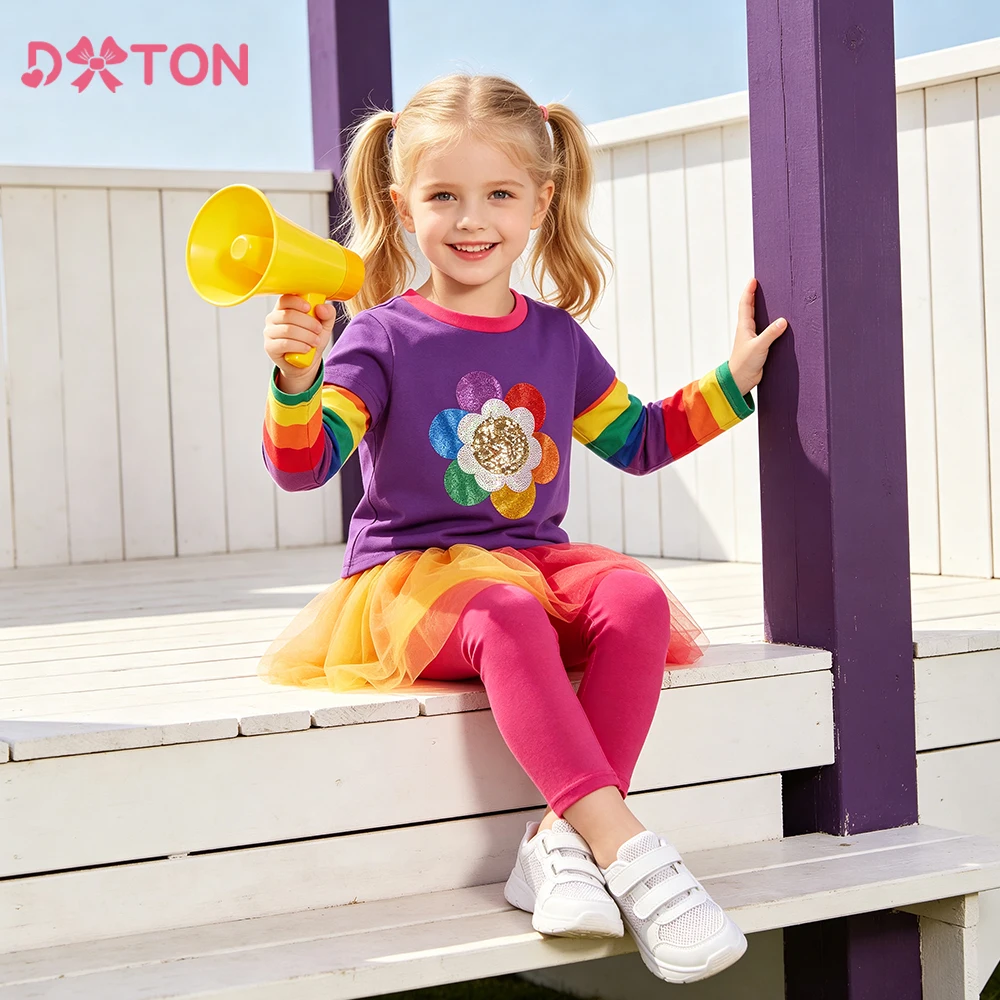 DXTON Children Kids T-shirts Rainbow Striped Girls Autumn Top Cotton Baby Toddler Outerwear Top Flower Sequin Girls Clothes