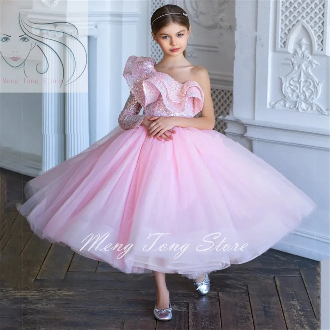 

Ball Gown Pink Puffy Flower Girl Dress Sequined Tulle Princess Kid Beauty Pageant Birthday Party Prom Gown First Communion Wear