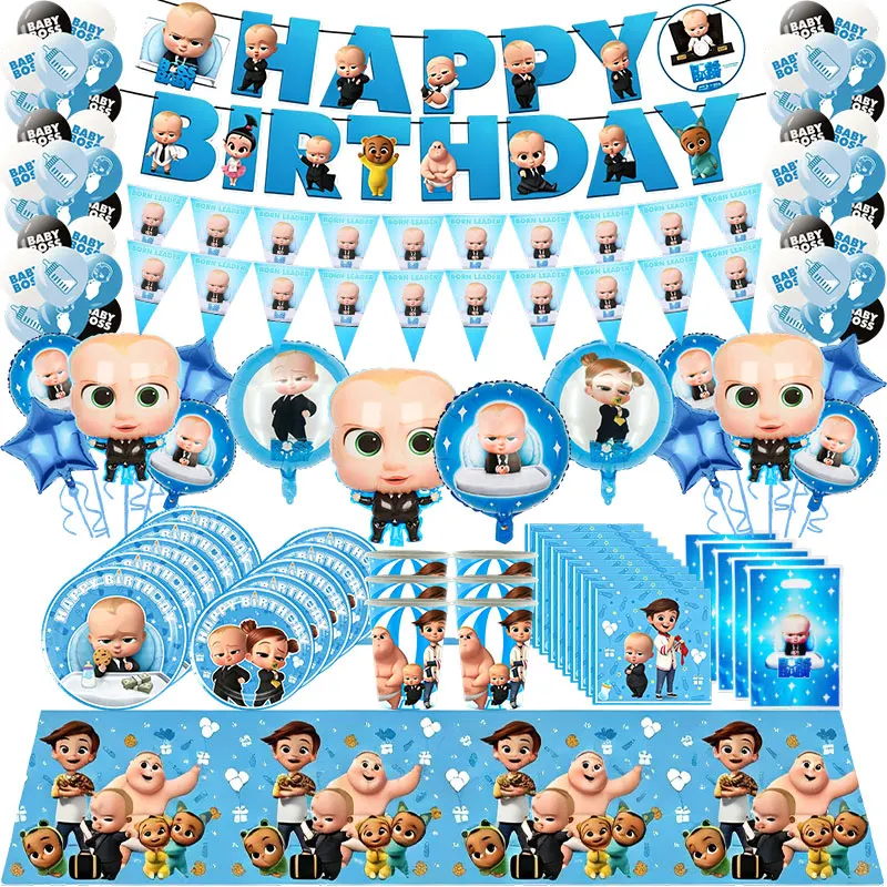 Neue Cartoon Boss Baby Geburtstagsdekoration Tischgeschirr Teller Becher Servietten Zahlenballon-Set Banner Hintergrund Geschenktüten Party-Zubehör