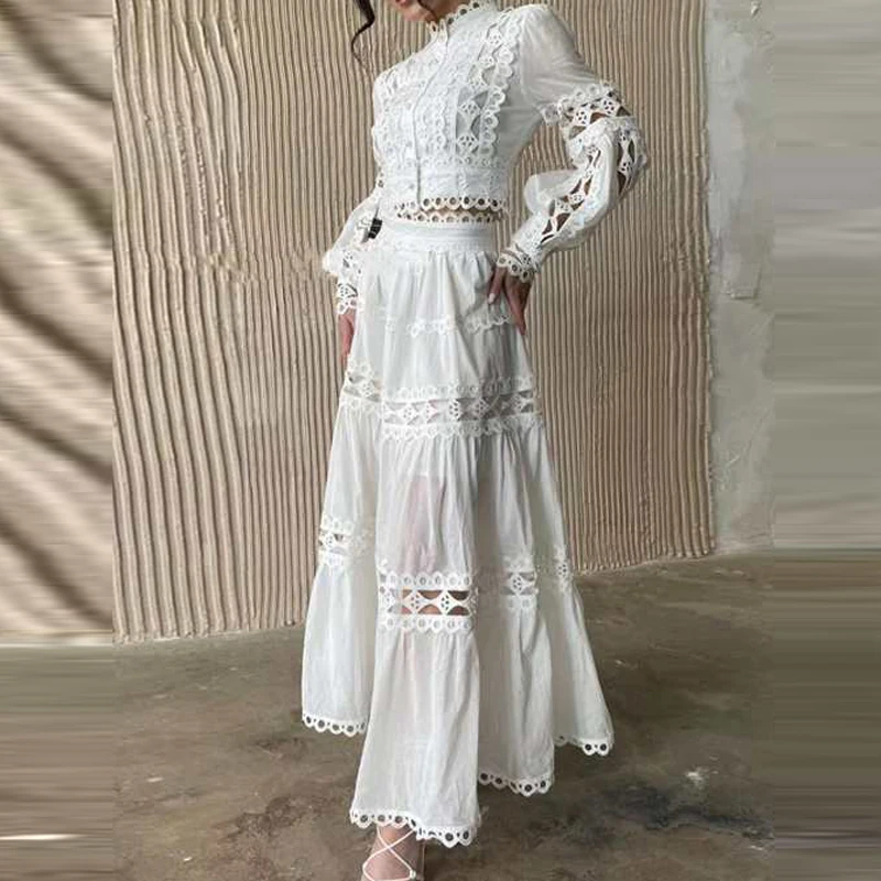 Sexy Embroidery Hook Flower Hollow Crochet Skirt Set Elegant Pring Stand Collar Button Top+A-line Skirt Outfit Lace Suits New