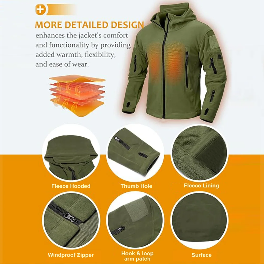 Mens Fleece Jacket Full Zip Tactical Hoodies Winter Coats Windproof Hoodies Warm Hunting Polar Fleece Outdoor Jackets Men