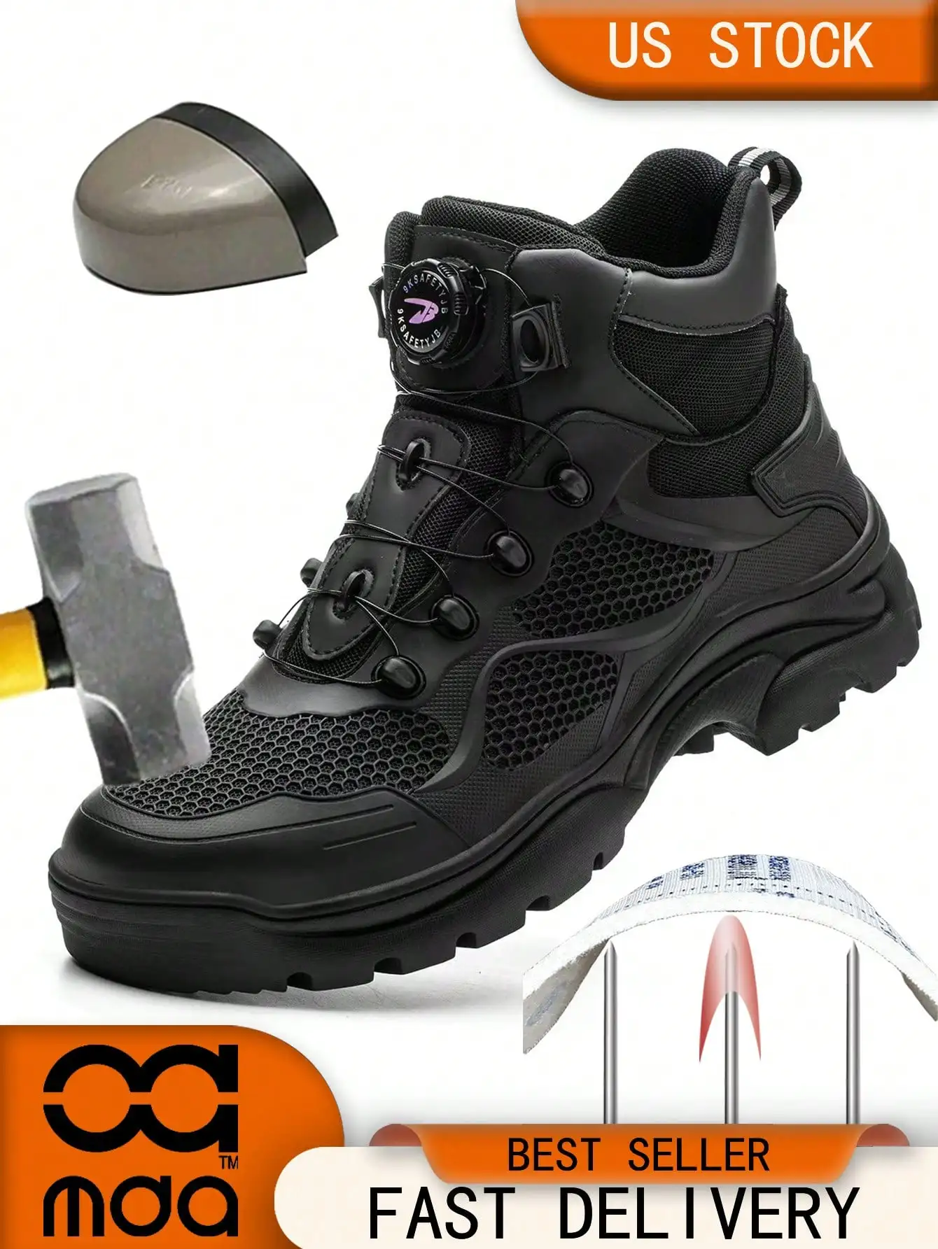 Men's Safety Shoes With Rotary Button, Steel Toe, High-Top, Breathable, Anti-Slip, Durable Safety Boots, Industrial Construction, Unisex Work Shoes, Suitable For All Seasons