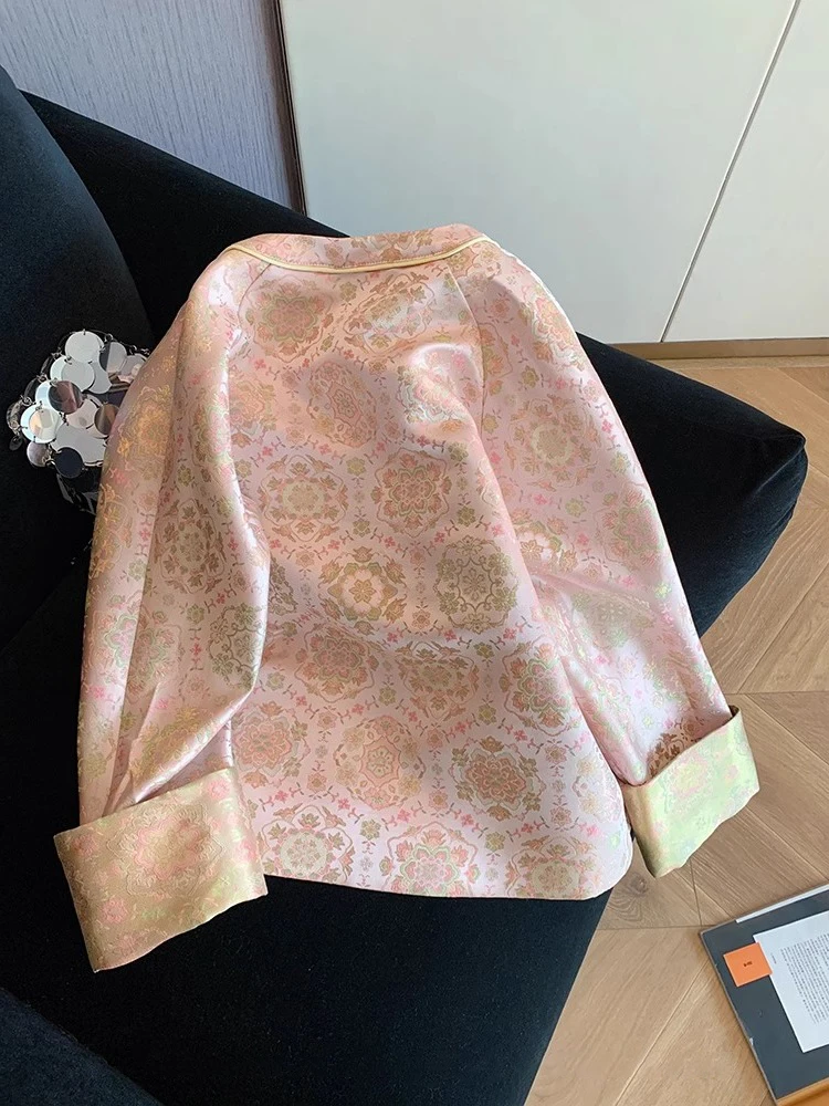 

Pink round Ne Satin Jaet Chinese Sle Button up Women's Outerwear Spring Autumn Sweet Youthful Versatile Top
